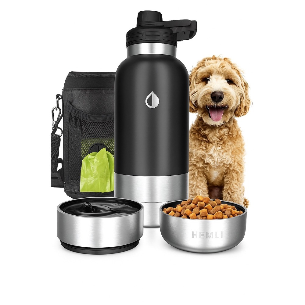 HEMLI 32‎ oz Dog Water Bottle Travel Kit Stainless Steel insulated w/ Carry Case
